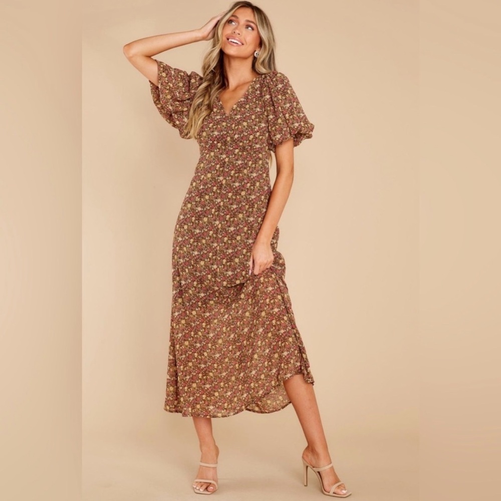Moon River X Anthropologie XS Brown Floral Boho Flutter Sleeve MIDI Dress